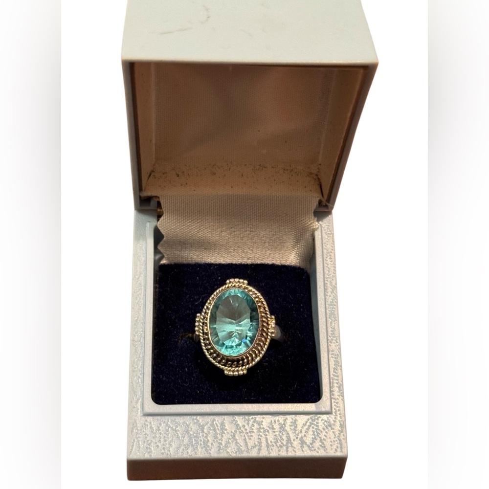 Elegant Sterling Silver 925 Ornate Handmade Blue Glass Ring